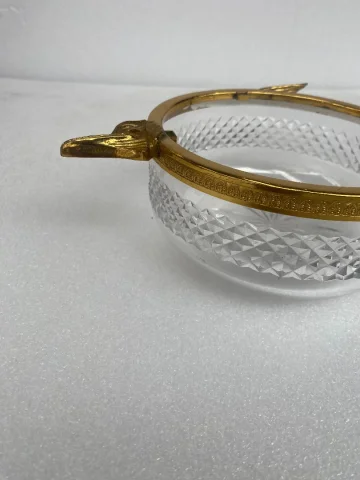 1970′ Nécessaire A Caviar Bronze Doré Et Cristal Avec Motif Esturgeon
