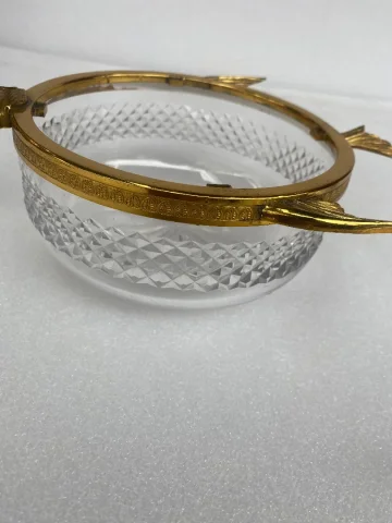 1970′ Nécessaire A Caviar Bronze Doré Et Cristal Avec Motif Esturgeon