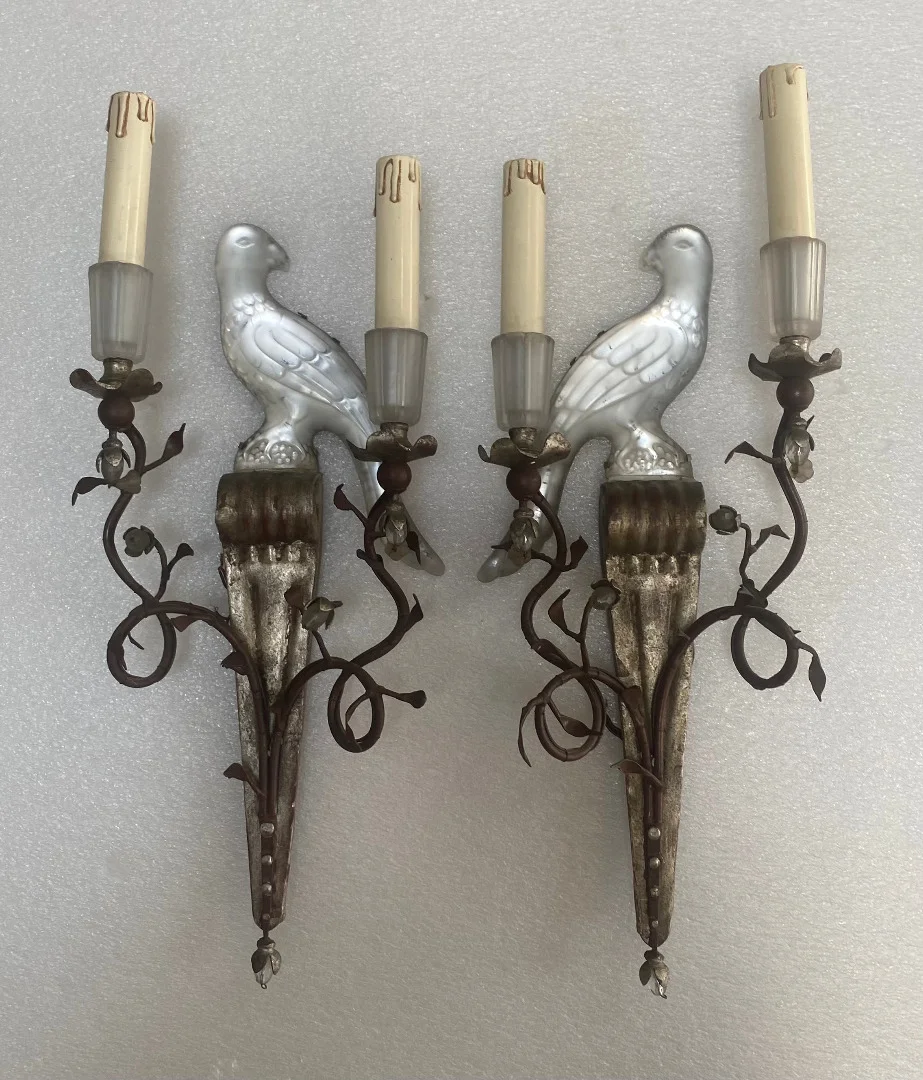 1970′ Pair Of Sconces With Parrots In Silver Wood And Patinated Iron Maison Banci Or Bagués