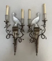1970′ Pair Of Sconces With Parrots In Silver Wood And Patinated Iron Maison Banci Or Bagués