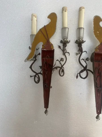 1970′ Pair Of Sconces With Parrots In Silver Wood And Patinated Iron Maison Banci Or Bagués