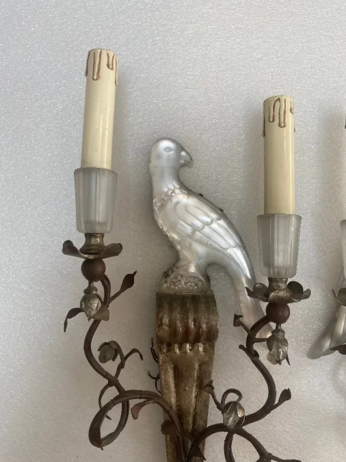 1970′ Pair Of Sconces With Parrots In Silver Wood And Patinated Iron Maison Banci Or Bagués