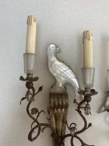 1970′ Pair Of Sconces With Parrots In Silver Wood And Patinated Iron Maison Banci Or Bagués
