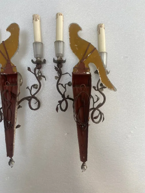 1970′ Pair Of Sconces With Parrots In Silver Wood And Patinated Iron Maison Banci Or Bagués