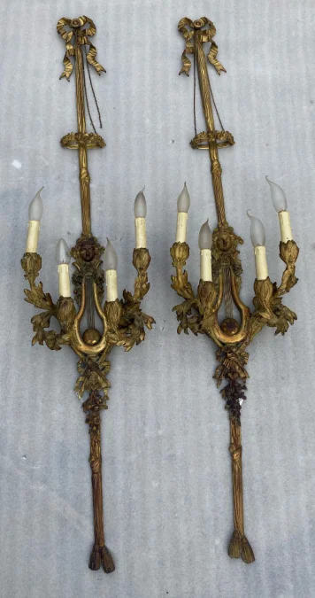 1890/1900′ Paire d’Appliques Style Louis 16 Bronze Doré D’Aprés Gouthiere