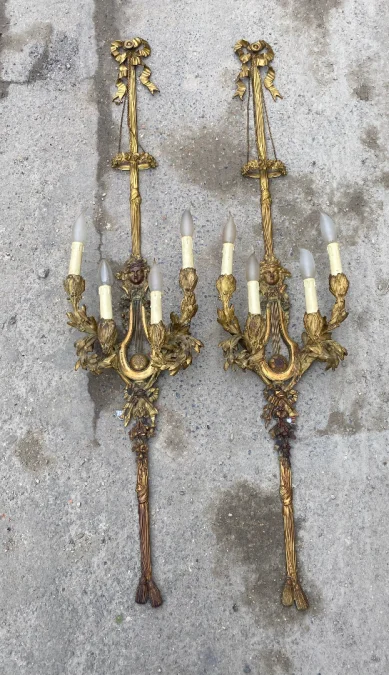 1890/1900′ Paire d’Appliques Style Louis 16 Bronze Doré D’Aprés Gouthiere