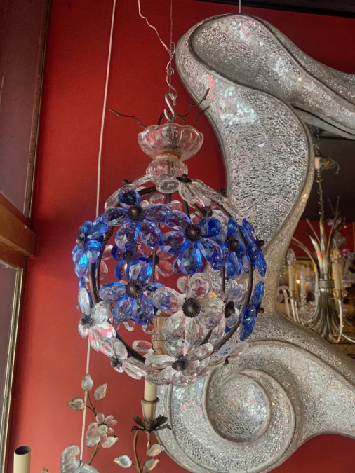 1970′ Chandelier Or Lantern Decorated with Flowers and Leaves in Golden Metal and Blue Colored Glass Maison Baguès Ou Banci