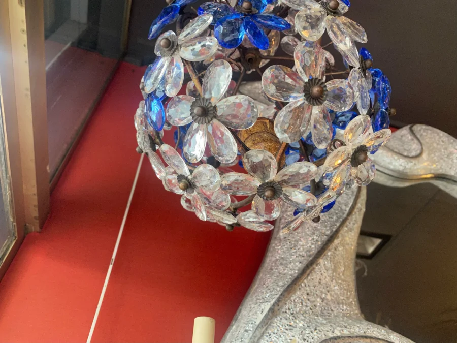 1970′ Chandelier Or Lantern Decorated with Flowers and Leaves in Golden Metal and Blue Colored Glass Maison Baguès Ou Banci