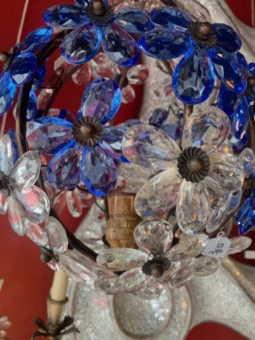 1970′ Chandelier Or Lantern Decorated with Flowers and Leaves in Golden Metal and Blue Colored Glass Maison Baguès Ou Banci
