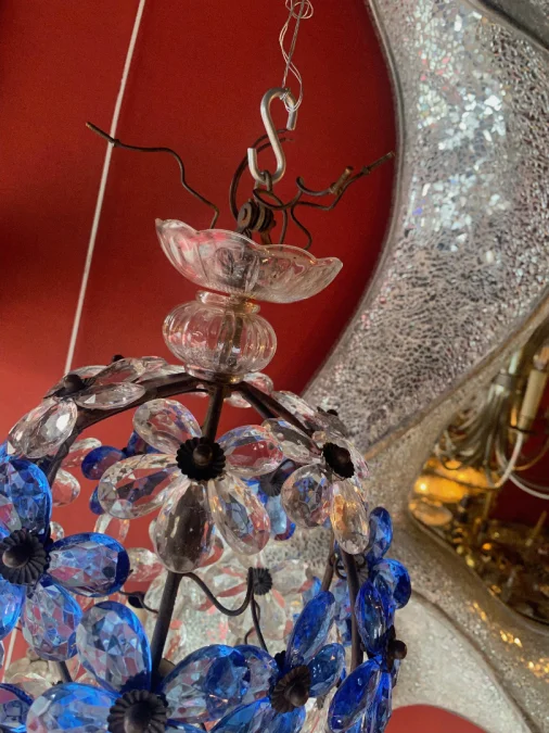 1970′ Chandelier Or Lantern Decorated with Flowers and Leaves in Golden Metal and Blue Colored Glass Maison Baguès Ou Banci