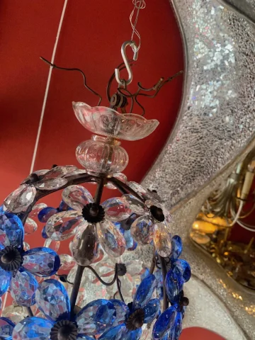 1970′ Chandelier Or Lantern Decorated with Flowers and Leaves in Golden Metal and Blue Colored Glass Maison Baguès Ou Banci