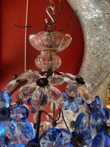 1970′ Chandelier Or Lantern Decorated with Flowers and Leaves in Golden Metal and Blue Colored Glass Maison Baguès Ou Banci