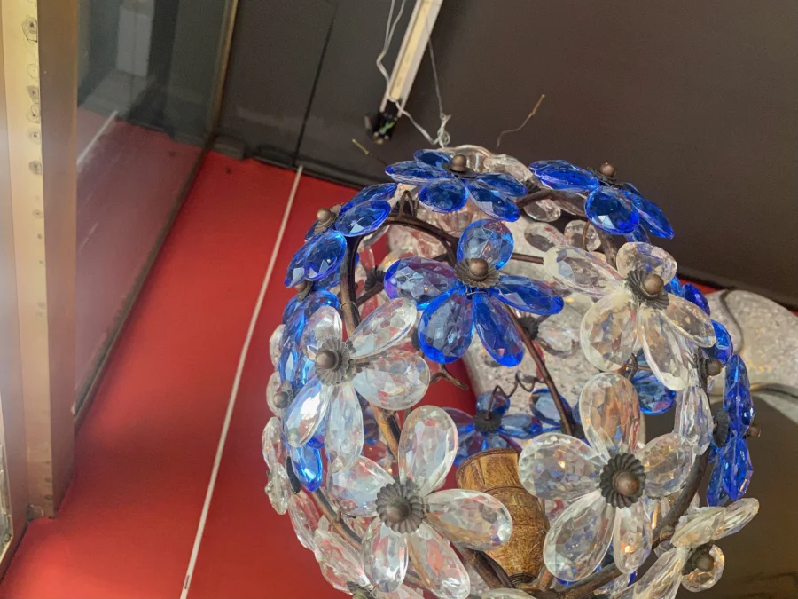 1970′ Chandelier Or Lantern Decorated with Flowers and Leaves in Golden Metal and Blue Colored Glass Maison Baguès Ou Banci