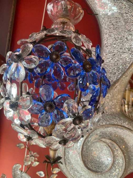 1970′ Chandelier Or Lantern Decorated with Flowers and Leaves in Golden Metal and Blue Colored Glass Maison Baguès Ou Banci
