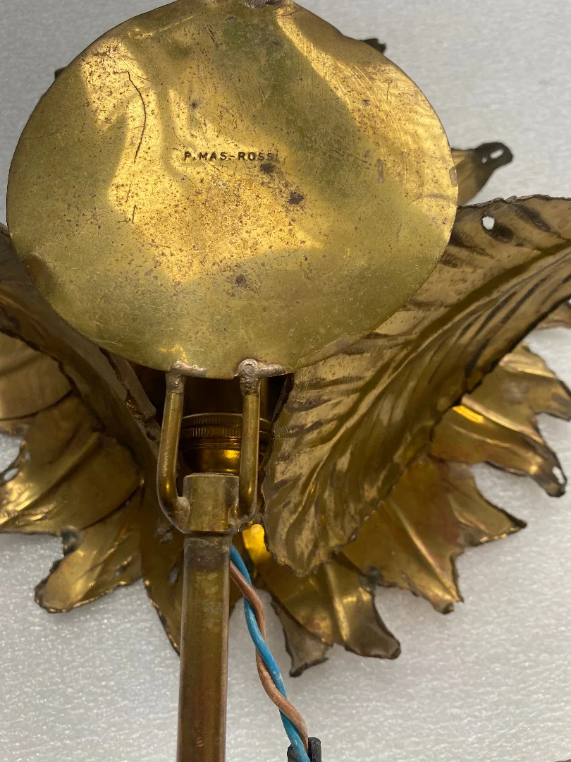1970′ Patinated Brass Sunflower Wall Lamp Signed P.MAS-ROSSI H 64 cm