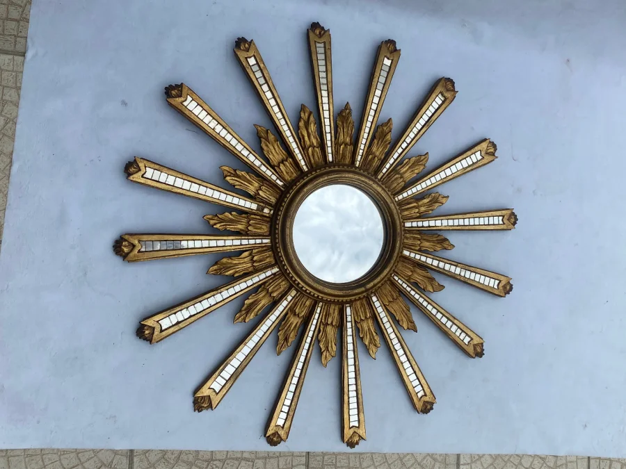 1950/70′ Patinated Convex Golden Wood Sun Mirror With Mirror Inlays