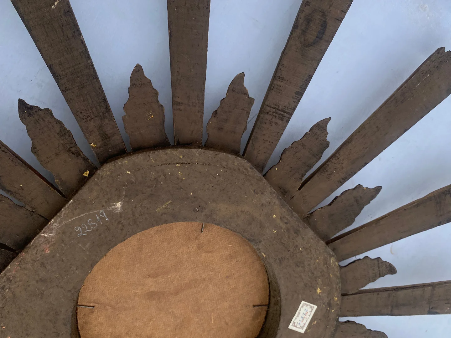 1950/70′ Patinated Convex Golden Wood Sun Mirror With Mirror Inlays