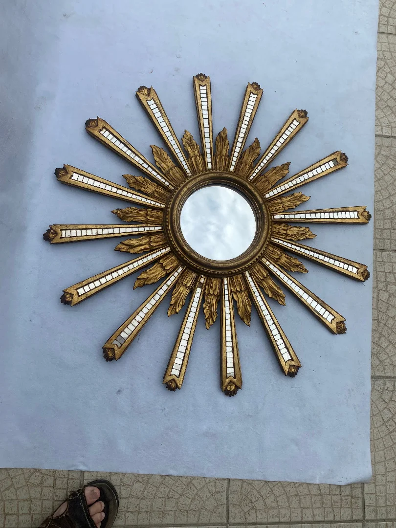1950/70′ Patinated Convex Golden Wood Sun Mirror With Mirror Inlays