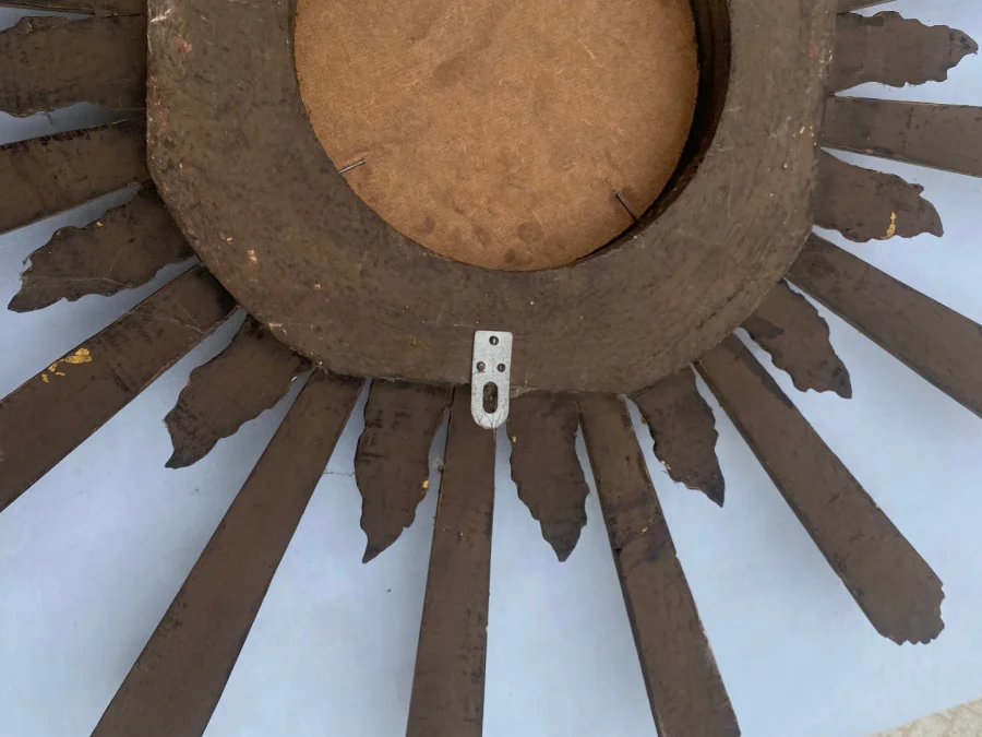 1950/70′ Patinated Convex Golden Wood Sun Mirror With Mirror Inlays
