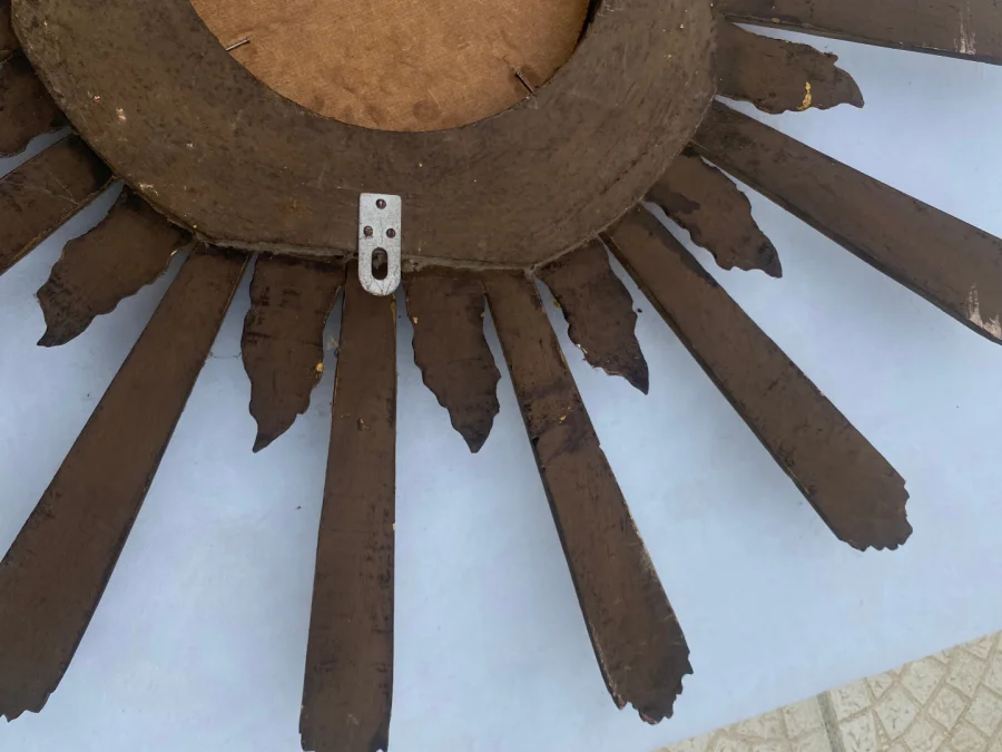 1950/70′ Patinated Convex Golden Wood Sun Mirror With Mirror Inlays