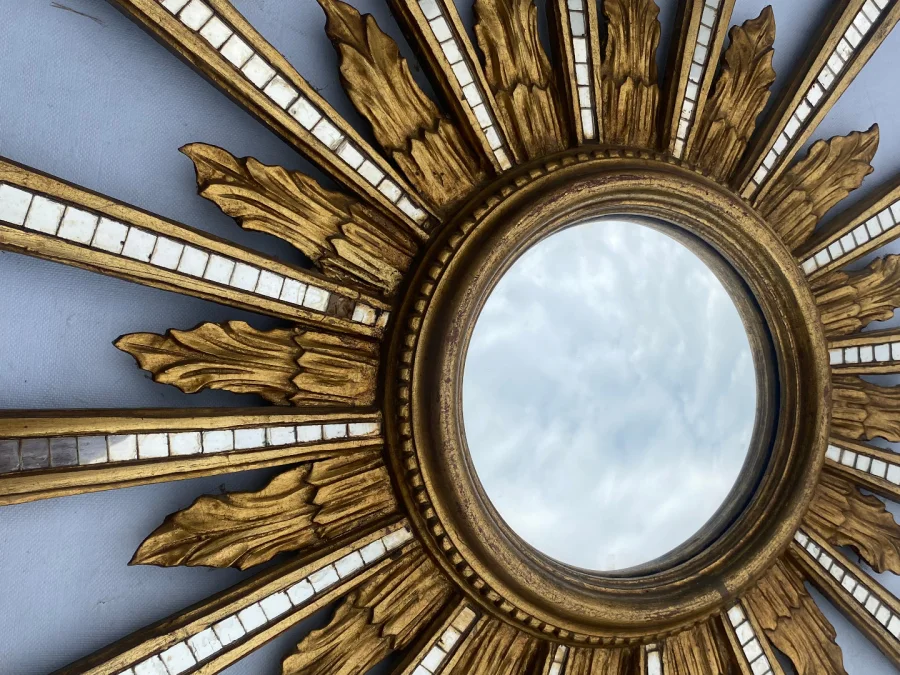 1950/70′ Patinated Convex Golden Wood Sun Mirror With Mirror Inlays