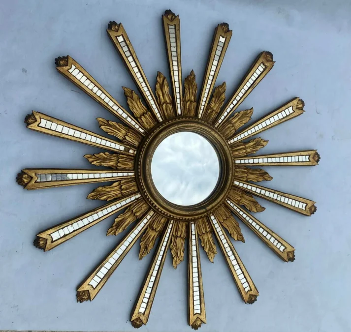 1950/70′ Patinated Convex Golden Wood Sun Mirror With Mirror Inlays