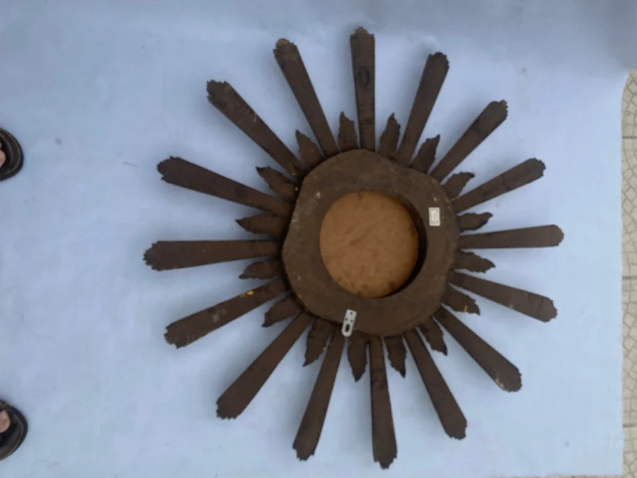 1950/70′ Patinated Convex Golden Wood Sun Mirror With Mirror Inlays