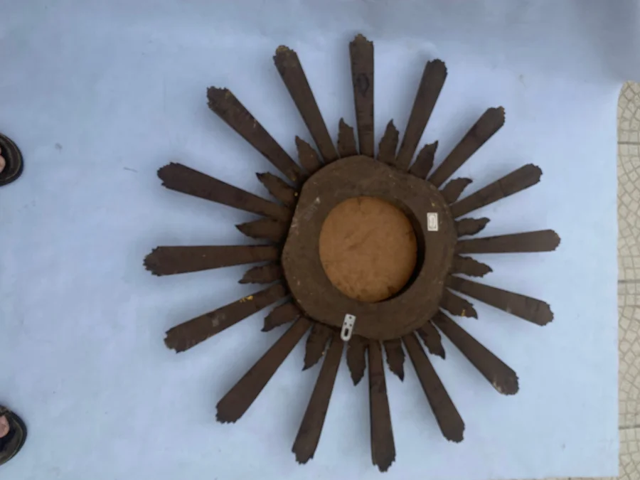 1950/70′ Patinated Convex Golden Wood Sun Mirror With Mirror Inlays