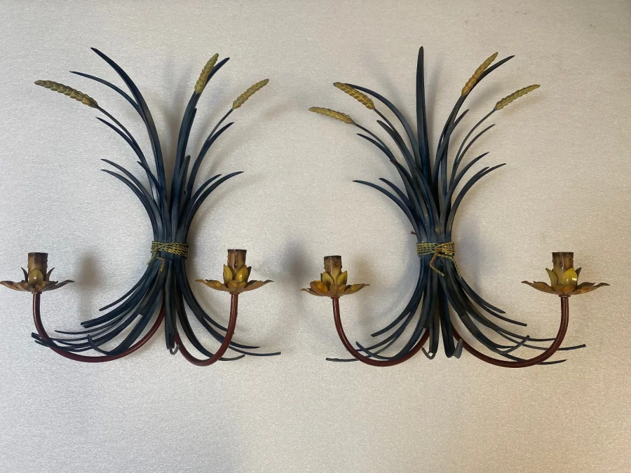 1970′ Paire D’ Appliques Gerbe De Blé En Metal Peint
