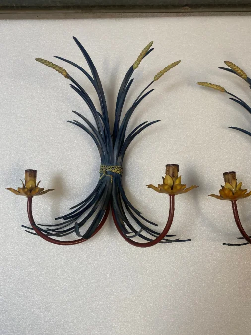 1970′ Paire D’ Appliques Gerbe De Blé En Metal Peint