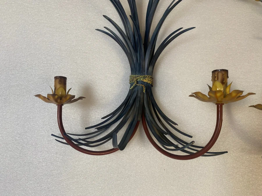 1970′ Paire D’ Appliques Gerbe De Blé En Metal Peint