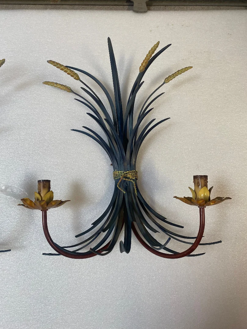 1970′ Paire D’ Appliques Gerbe De Blé En Metal Peint