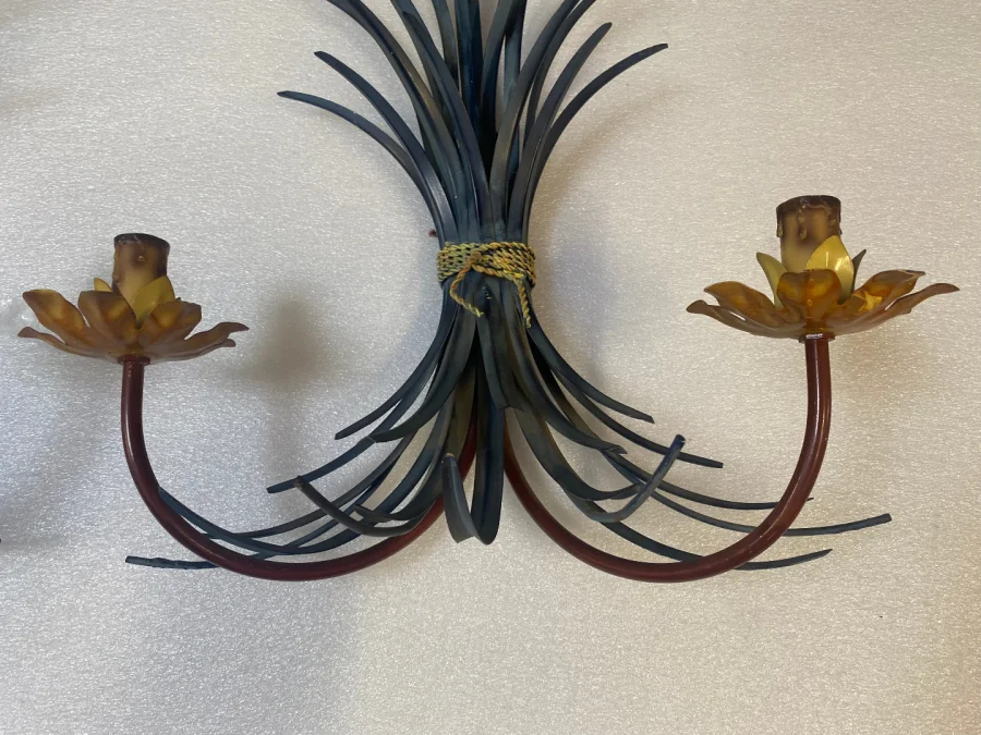 1970′ Paire D’ Appliques Gerbe De Blé En Metal Peint