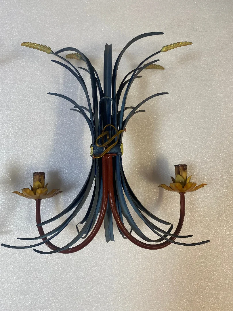 1970′ Paire D’ Appliques Gerbe De Blé En Metal Peint