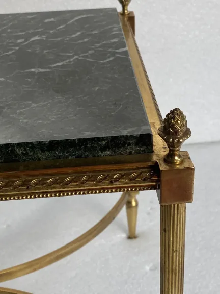 1950/70 Table Basse Ou Bout De Canapé Bronze Doré Maison Jansen Ou Maison Charles Ou Maison Bagués Plateau Marbre Vert De Mer Avec Entretoise