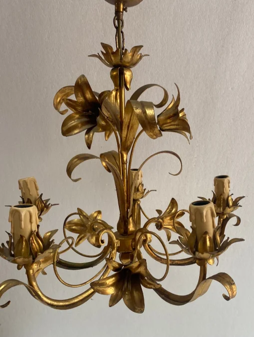1970′ Lustre Aux Liserons Fer Doré 5 Bras