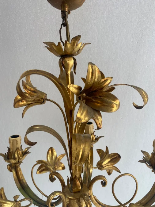 1970′ Lustre Aux Liserons Fer Doré 5 Bras