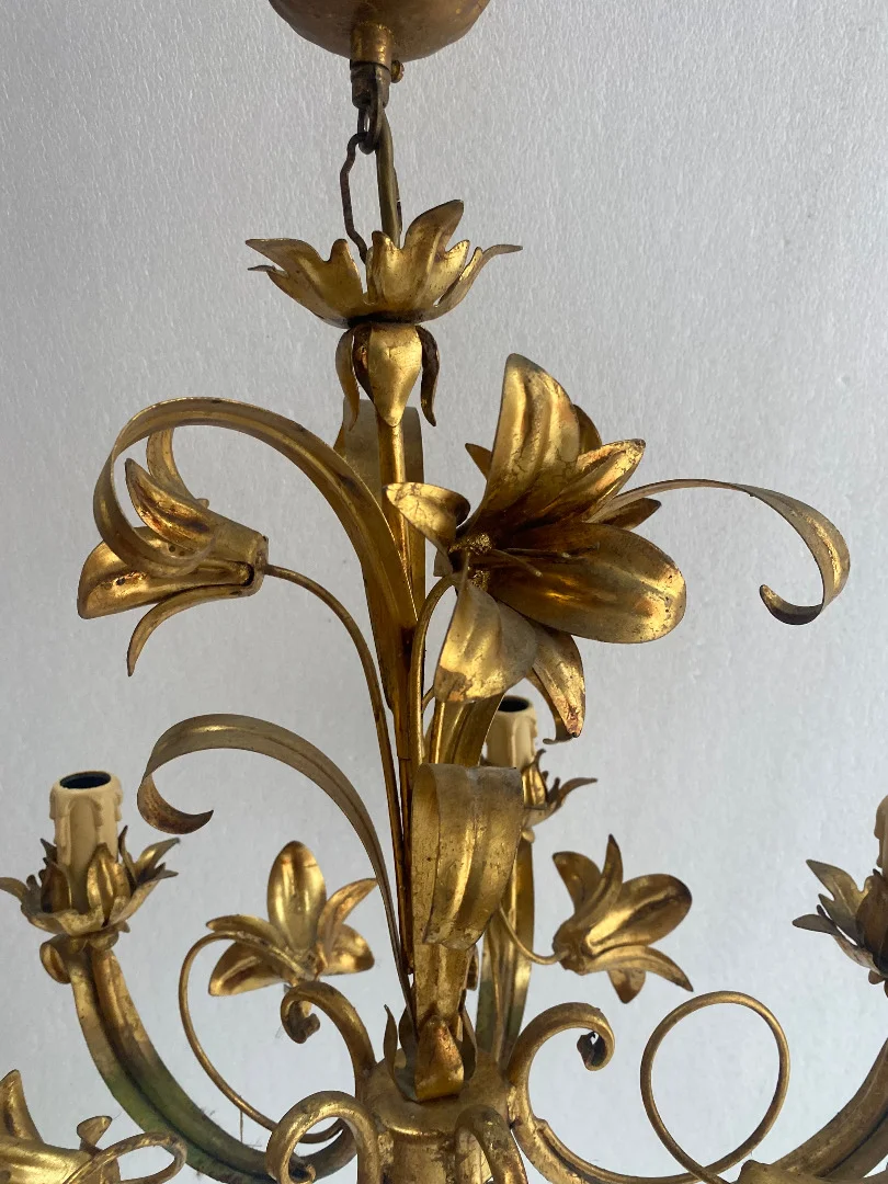 1970′ Lustre Aux Liserons Fer Doré 5 Bras