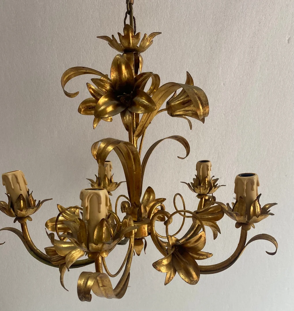 1970′ Lustre Aux Liserons Fer Doré 5 Bras