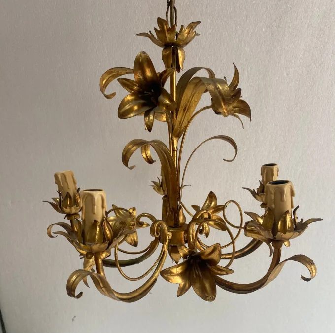1970′ Lustre Aux Liserons Fer Doré 5 Bras
