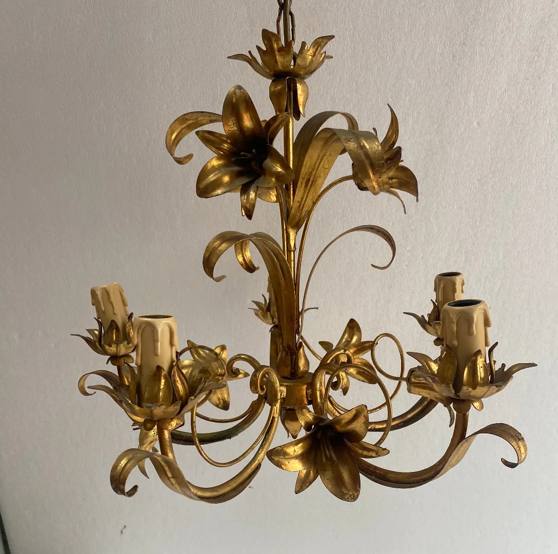 1970′ Chandelier With Liserons Golden Iron 5 Arms