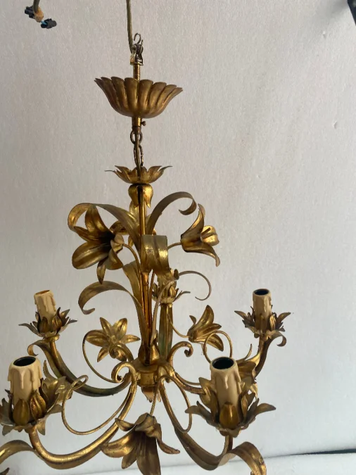 1970′ Lustre Aux Liserons Fer Doré 5 Bras