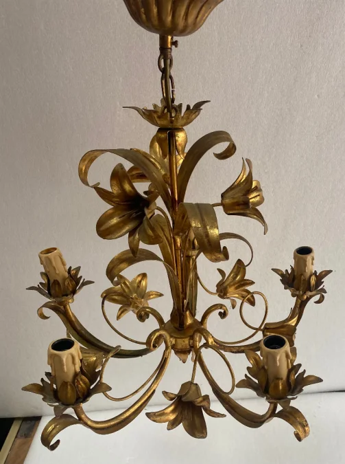 1970′ Lustre Aux Liserons Fer Doré 5 Bras
