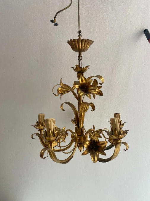 1970′ Lustre Aux Liserons Fer Doré 5 Bras