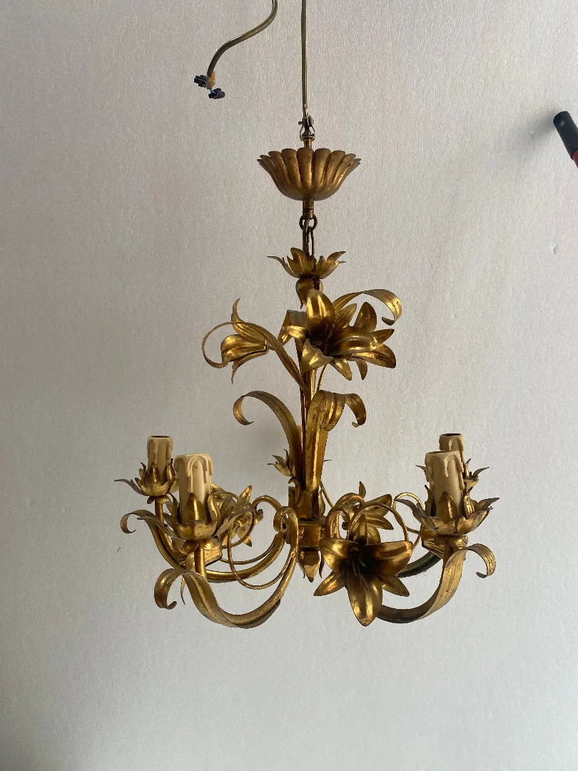 1970′ Lustre Aux Liserons Fer Doré 5 Bras