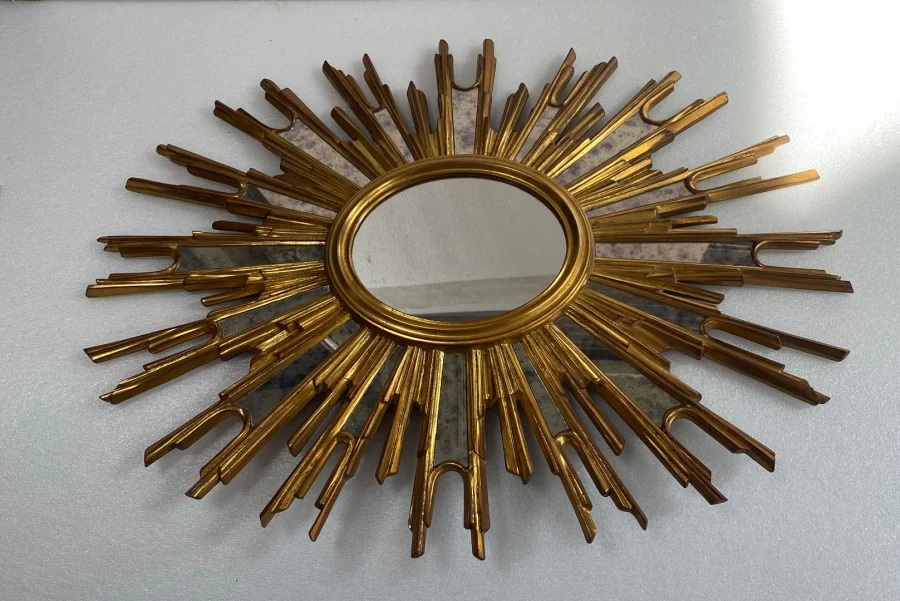 1970′ Oval Sun Mirror, Gold Resin