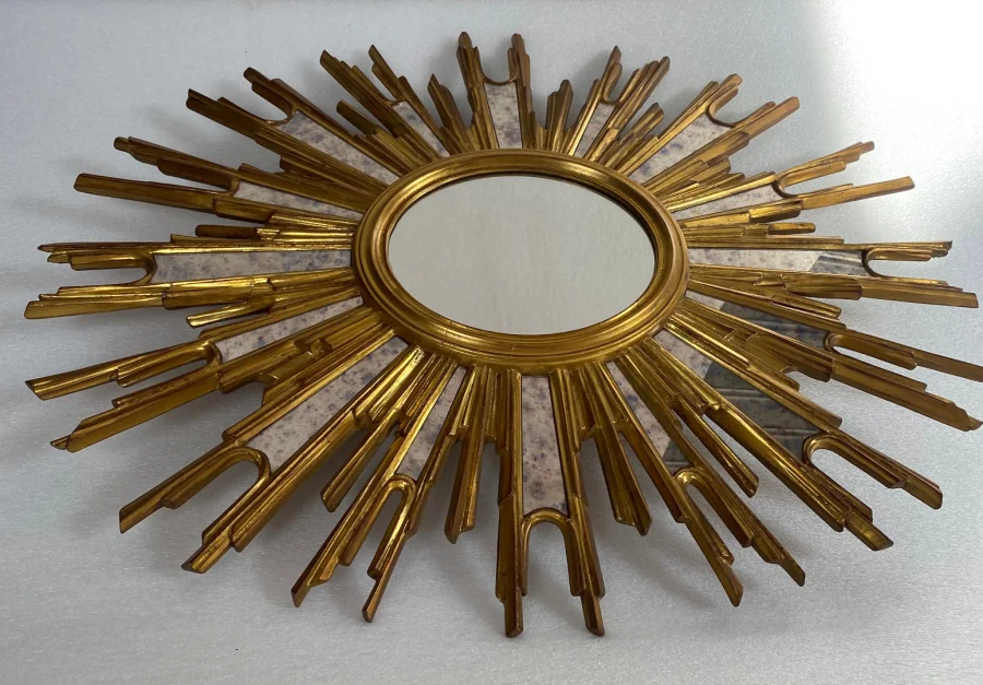 1970′ Oval Sun Mirror, Gold Resin