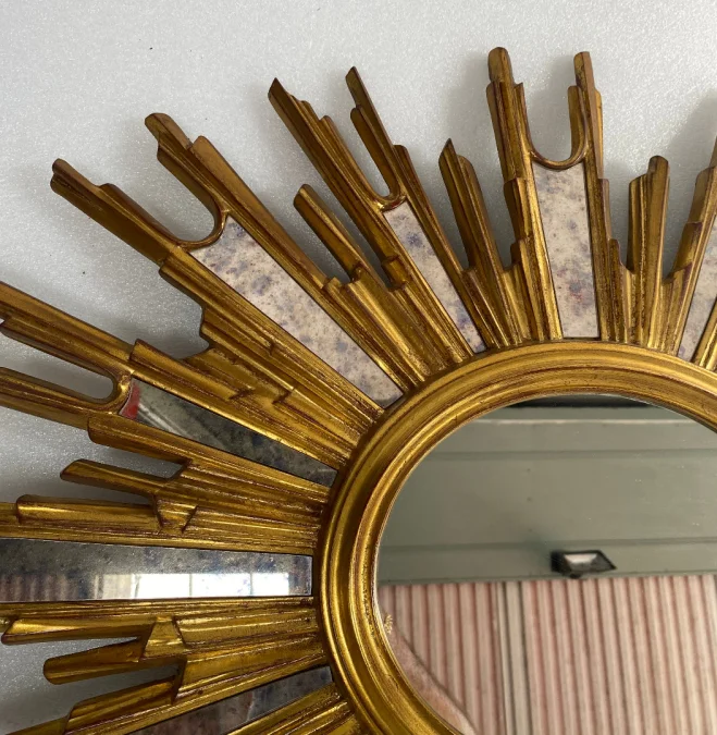 1970′ Oval Sun Mirror, Gold Resin