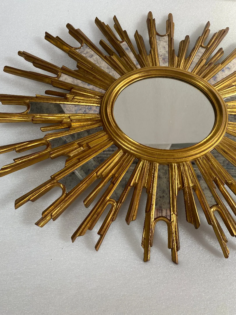 1970′ Oval Sun Mirror, Gold Resin