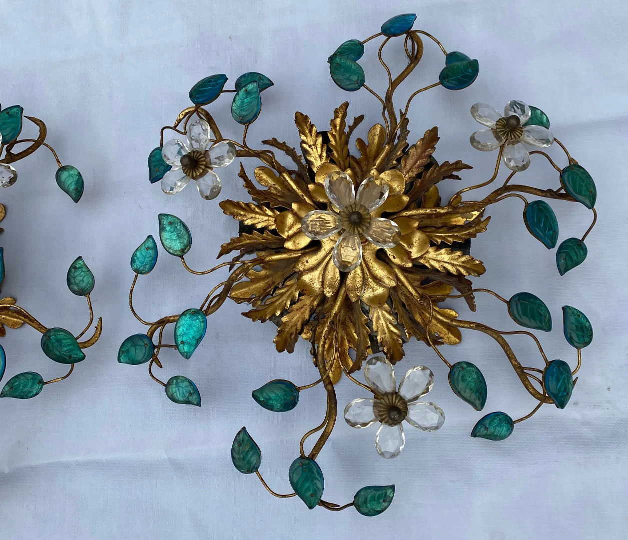 1970′ Pair of Ceiling Lights or Wall Lamps Decorated with Flowers and Leaves in Golden Metal Maison Baguès or Banci Style Leaves in Blue Colored Glass